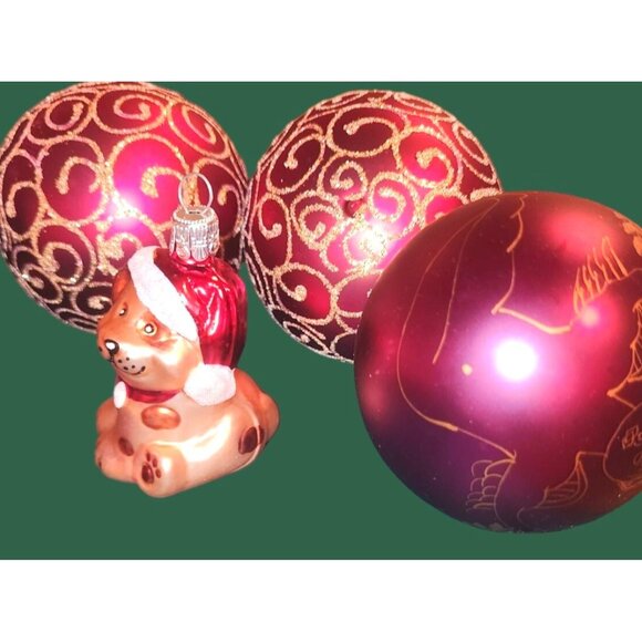 Vintage Lot Of 8 Xmas Ornaments Maroon & Gold Glass/Aluminum Angels & Puppy Figu - Picture 5 of 7